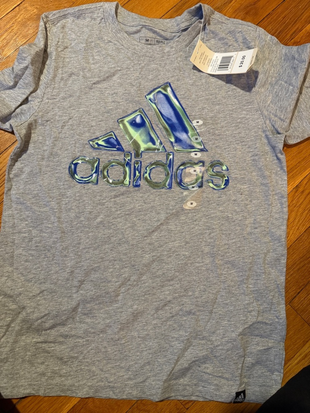 adidas Heather Gray Tee with Blue-Green Iridescent Logo